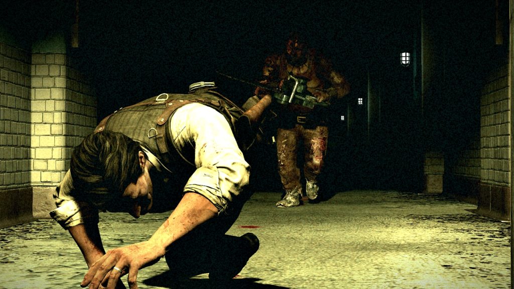 A gameplay screenshot from The Evil Within series, featuring its grotesque survival horror world.