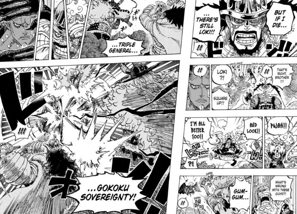 Luffy, Loki, and Hajrudin unleasing Gokoku Sovereignty against Imu. 