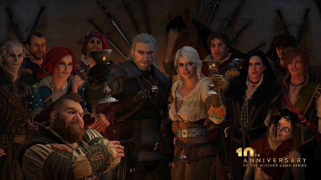 A promo art of characters from The Witcher 3 raising a toast, celebrating the game series' 10th anniversary. 