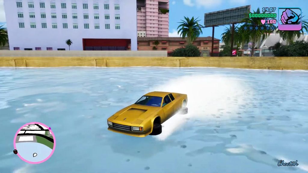  Vice City featuring the player driving their car on water with the SEAWAYS cheat code.