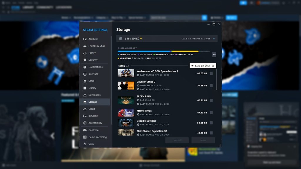 A screenshot of a Steam Library taking up more than 500 GB of disk space.