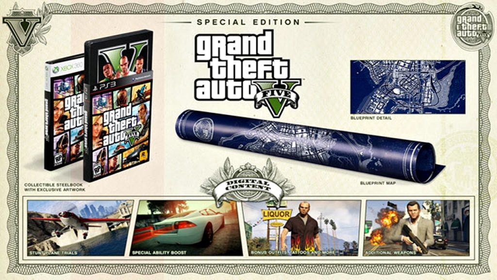 A promotional image of the GTA V special edition featuring a full-size map of Los Santos along with the game discs, something many gamers took for granted at the time.