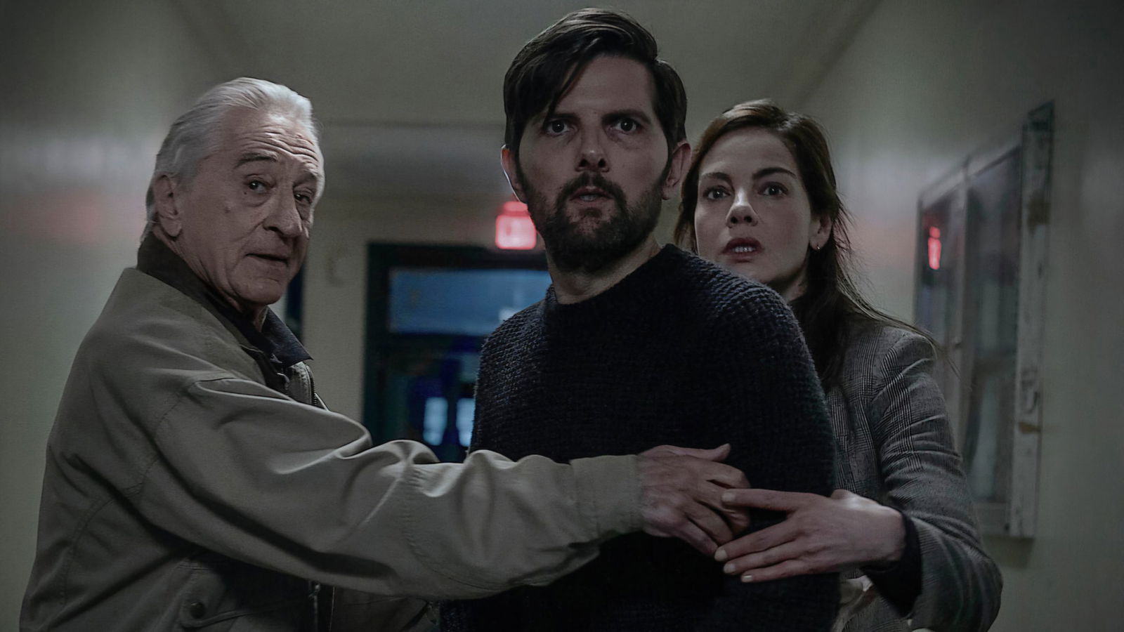Robert De Niro, Adam Scott, and Michelle Monaghan in The Whisper Man (2026) | Image via Netflix