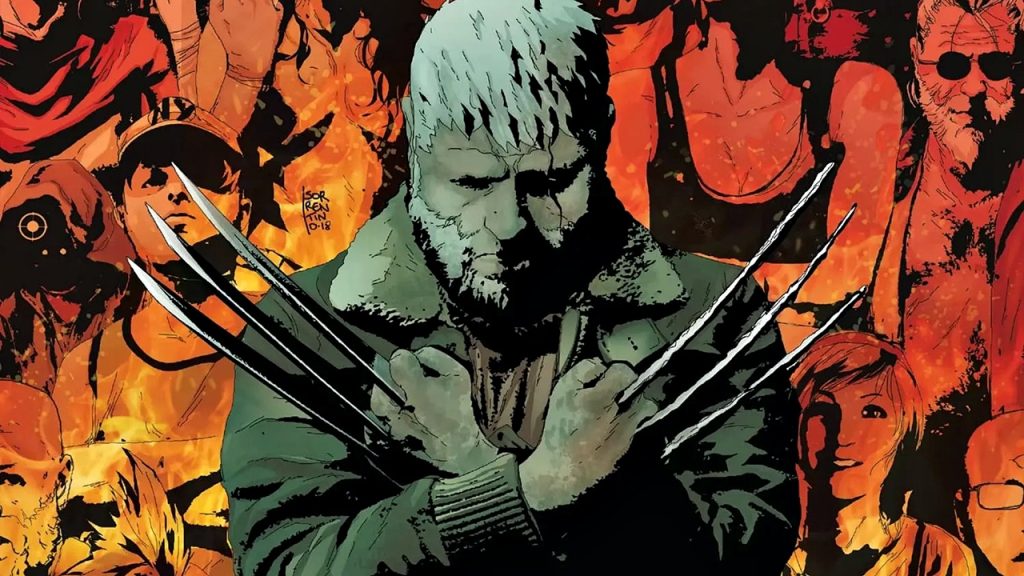 Comic book art featuring Marvel's Wolverine in his "Old Man Logan" appearance.