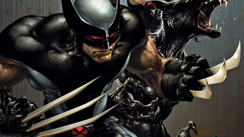 Comic book art featuring Wolverine in his dark "X-Force" costume.