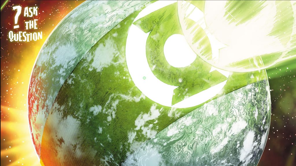 Comic book cover illustration of a green-and-white planet marked with a large Green Lantern Corps insignia, glowing against a starry background with a burst of light on one side.