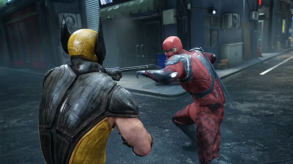 A gameplay screenshot of Wolverine wearing his classic brown suit in Marvel's Wolverine.