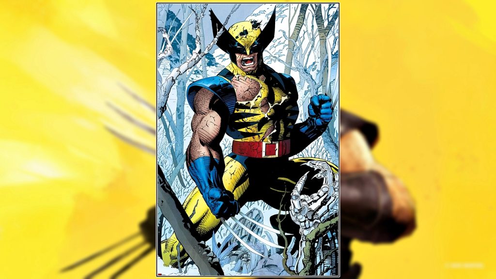 A Marvel Comics cover art of Wolverine wearing the iconic blue and yellow Jim Lee classic suit.