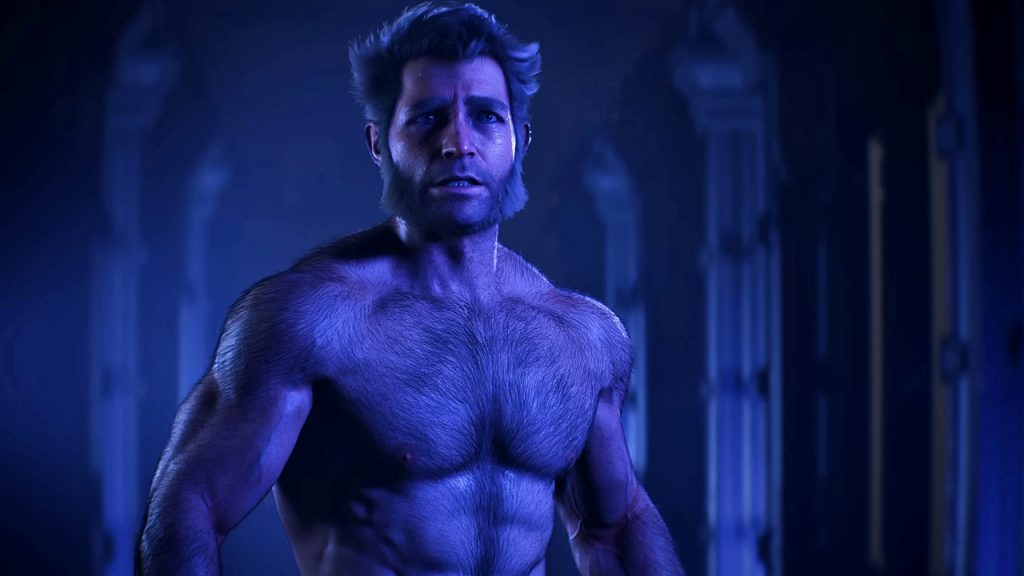 A gameplay screenshot of Wolverine without a shirt in Marvel's Wolverine, showing the possible Shirtless Wolverine suit.