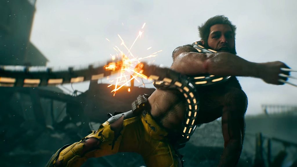 A gameplay screenshot showing a battle-damaged version of Wolverine's suit in Marvel's Wolverine.