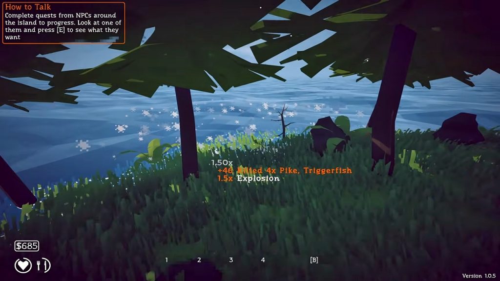 How to Fish gameplay screenshot demonstrating how to use a dynamite to farm fish.