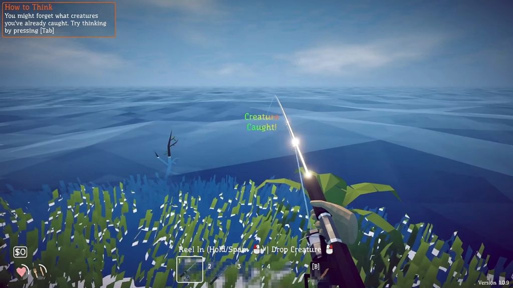 How to Fish gameplay screenshot showing the player using their fishing rod to catch a "Creature". 
