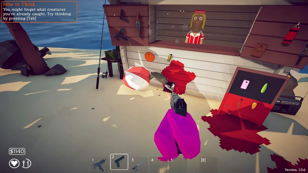 How to Fish gameplay screenshot demonstrating the beginner tip using the environment to prevent fish from escaping.