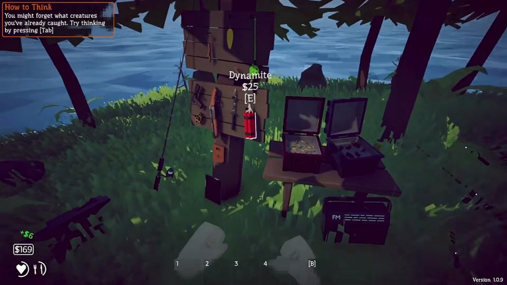 How to Fish gameplay screenshot showcasing the different weapons available to the player in the co-op game.