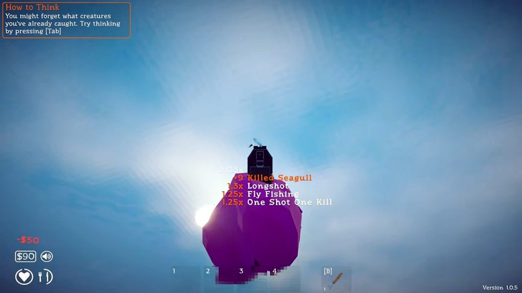 How to Fish gameplay screenshot showing the player shooting at seagulls flying in the sky.