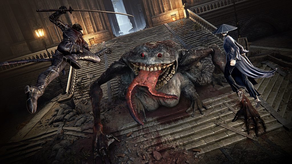 The Duskbloods gameplay screenshot shows two players engaging in combat with a large and hideous frog like enemy.