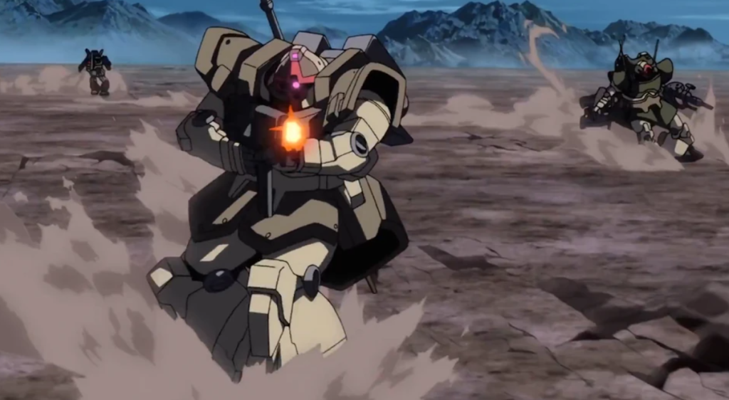 Dom Tropen mobile suit from the Mobile Suit Gundam universe, likely appearing in Mobile Suit Gundam Unicorn during desert combat. 