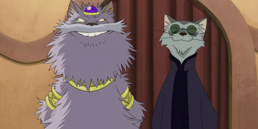 The image features the Cat King (left) and his chamberlain (right) from the Studio Ghibli animated film The Cat Returns (2002).