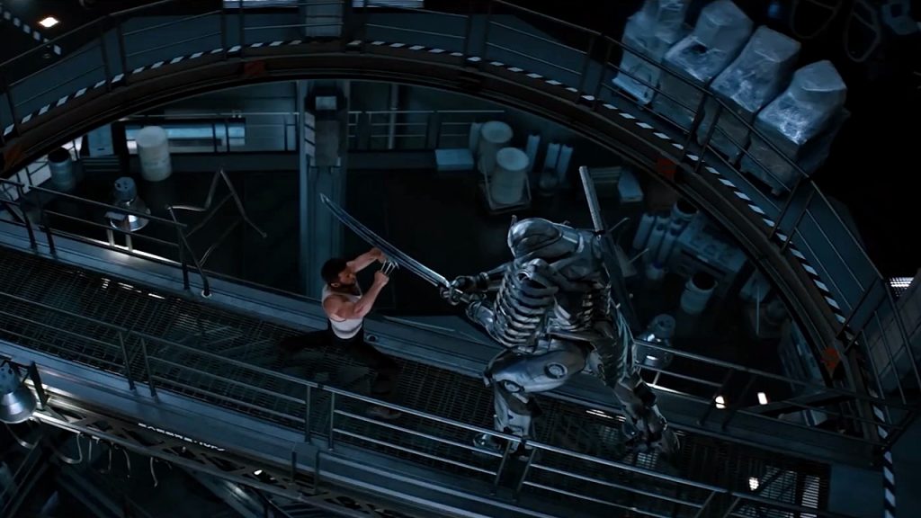 A scene from The Wolverine, featuring Hugh Jackman as Logan, fighting villain Silver Samurai.