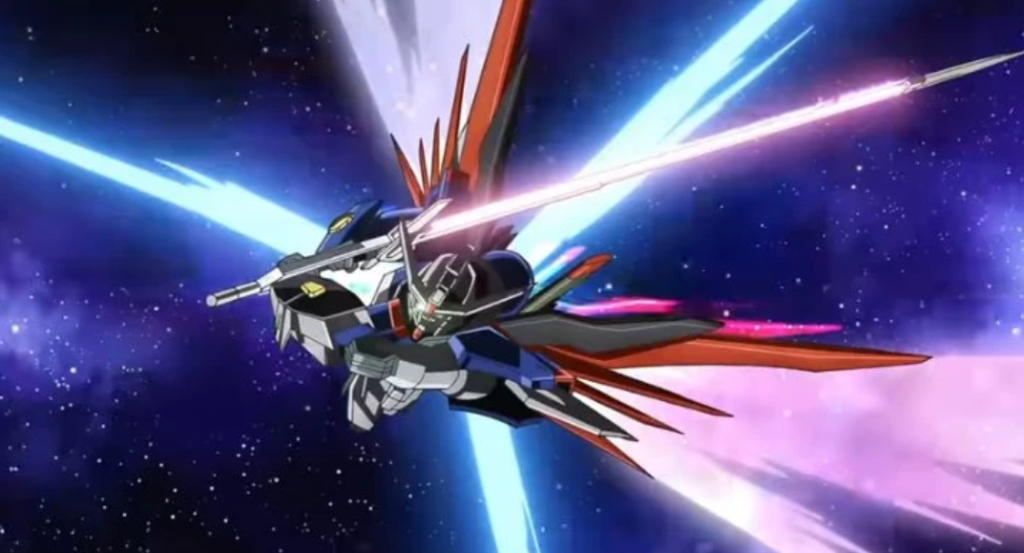 Destiny Gundam with its upgraded Spec II variant from Mobile Suit Gundam SEED FREEDOM piloted by Shinn Asuka. 