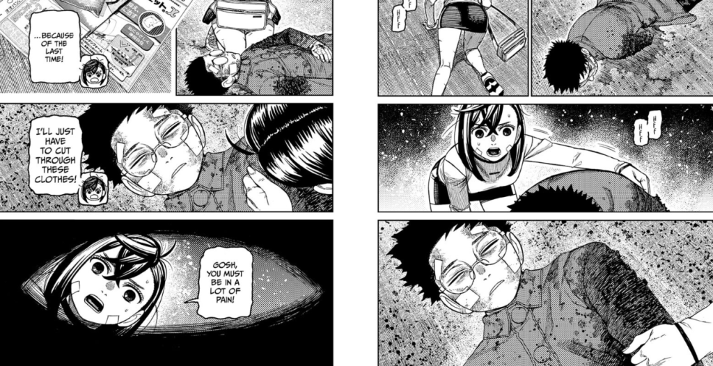 Momo Ayase tends to an injured Okarun, who is lying on the ground battered and bruised from a fight.