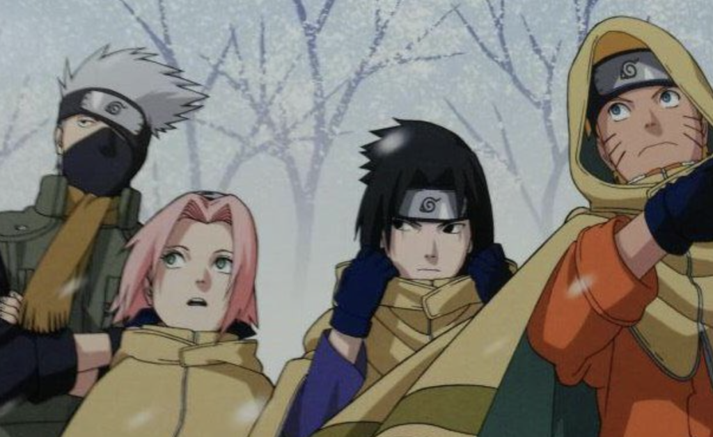  Ninja Clash in the Land of Snow (released in 2004), showing Team 7 (Kakashi, Sakura, Sasuke, and Naruto) wearing special winter gear in a snowy environment.