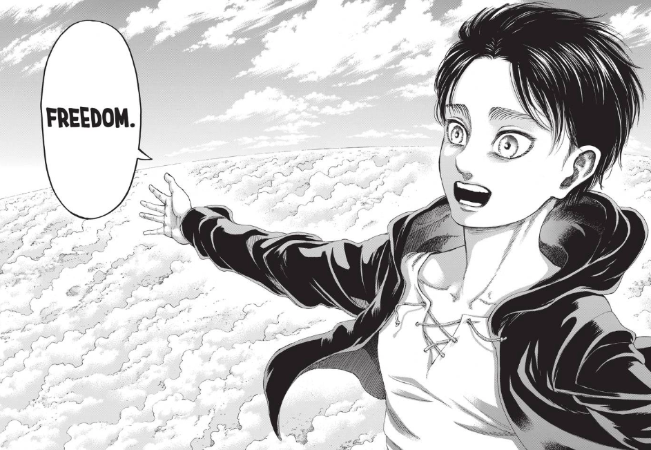 Young Eren stands above the clouds with his arms open wide.