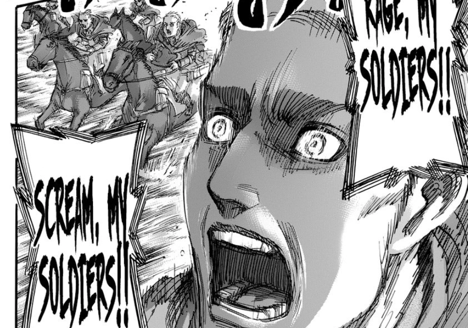 ommander Erwin Smith delivering his famous suicide-charge speech in Chapter 80 of the Attack on Titan.
