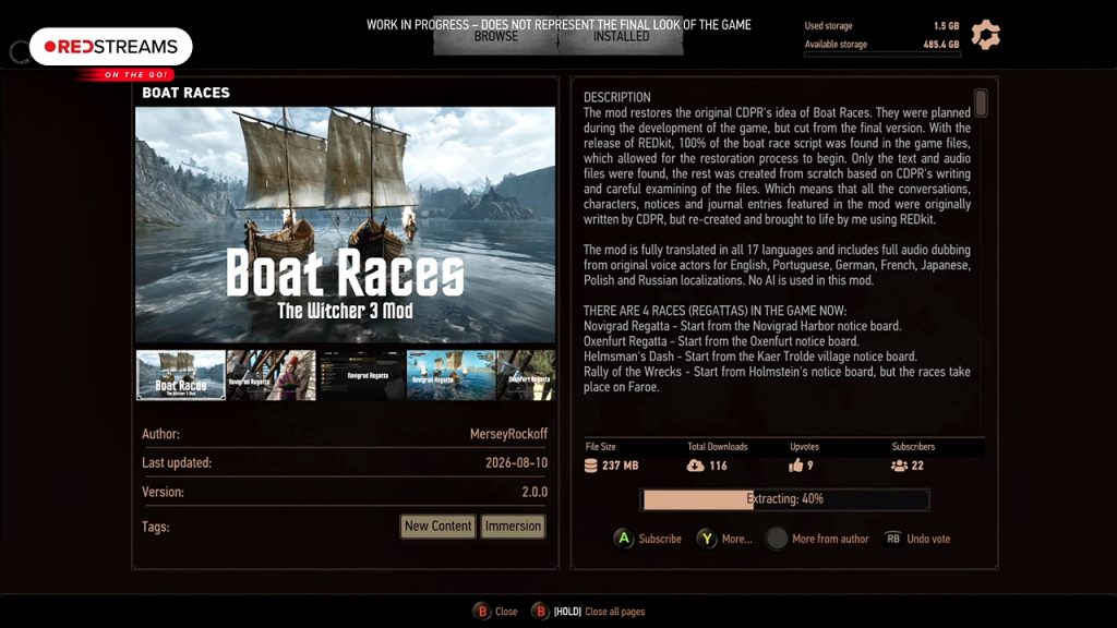 The Witcher 3 Remastered work-in-progress screenshot showcasing the in-game modding menu for console.