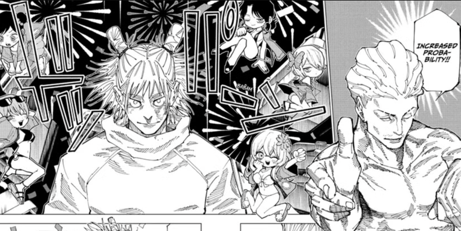 Kinji Hakari hits a jackpot in his Domain Expansion, Idle Death Gamble, during his fight against Hajime Kashimo in the Jujutsu Kaisen manga. This panel is from the Tokyo No. 2 Colony arc (around Chapter 187–189) where Hakari faces the ancient sorcerer Kashimo.