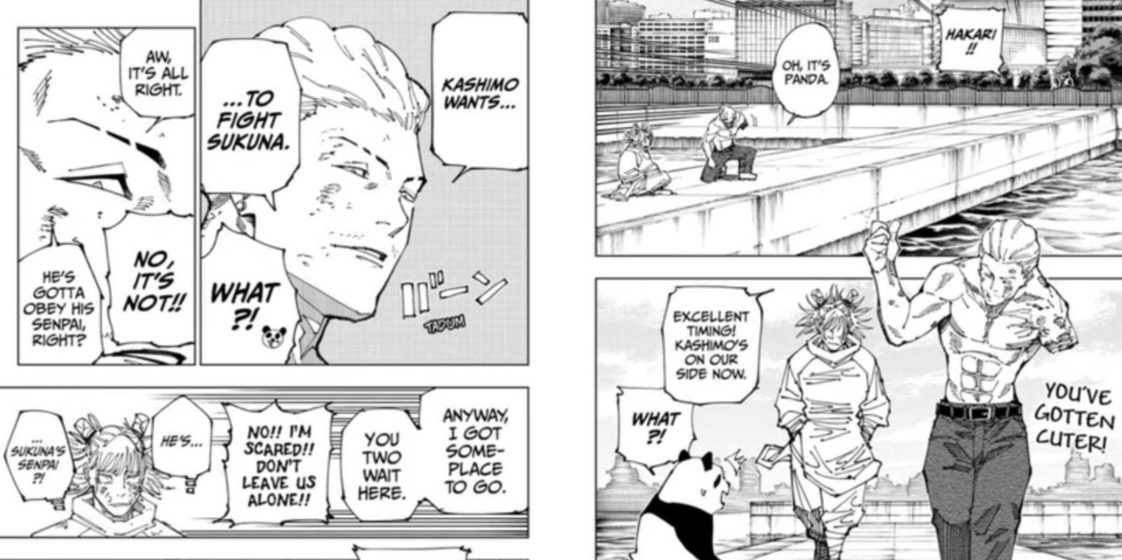 Hajime Kashimo agrees to join Kinji Hakari's side in exchange for a chance to fight Ryomen Sukuna. Hakari refuses to kill a defeated Kashimo because it would waste his 100 Culling Game points. Kashimo reveals he is saving his one-time Cursed Technique specifically for Sukuna.