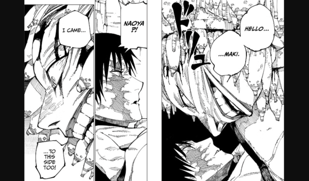 This panel depicts Maki Zenin and Naoya Zenin in his new vengeful cursed spirit form from the manga Jujutsu Kaisen.