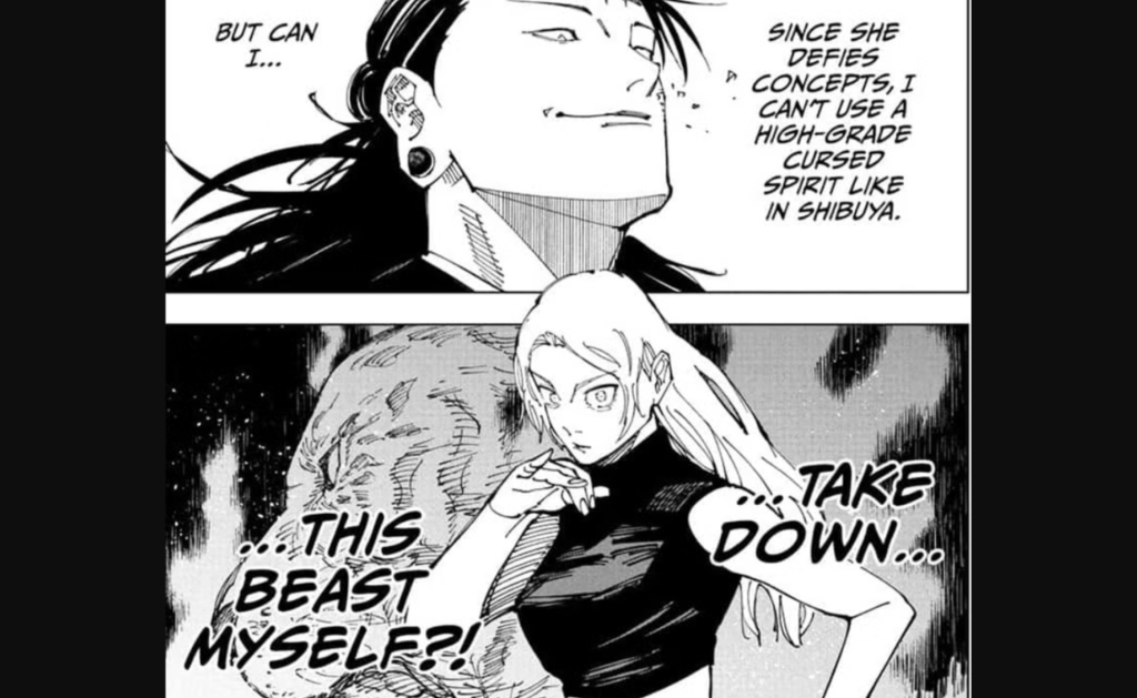 This scene shows Kenjaku and Yuki Tsukumo from the manga Jujutsu Kaisen.  The top panel features the villain Kenjaku (possessing Suguru Geto's body), and the bottom panel shows Special Grade Sorcerer Yuki Tsukumo. This is from their intense battle in the Tengen barrier, where Kenjaku considers how to deal with Yuki's unique abilities and her powerful shikigami, Garuda.