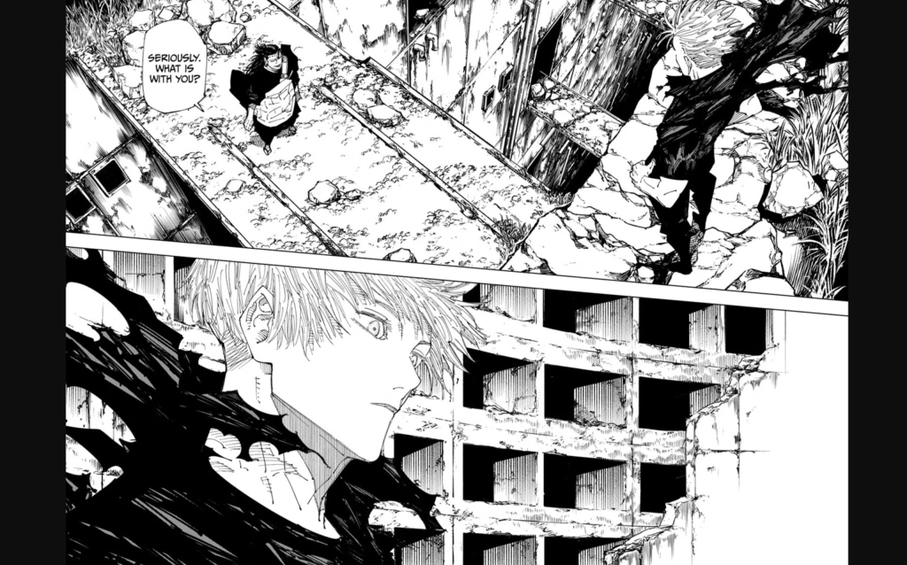  Satoru Gojo is finally unsealed from the Prison Realm after being trapped inside since the Shibuya Incident arc. Upon emerging, he immediately teleports to confront Kenjaku (possessing Suguru Geto's body), who is startled by how quickly Gojo tracked him.
