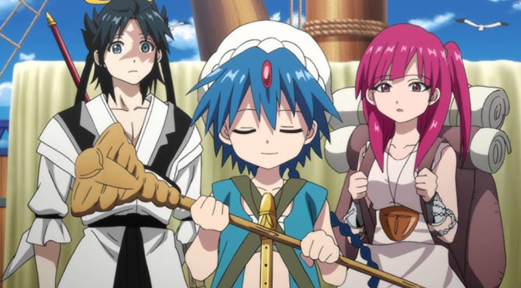 Hakuryuu Ren, Aladdin, and Morgiana from the anime series Magi: The Labyrinth of Magic.