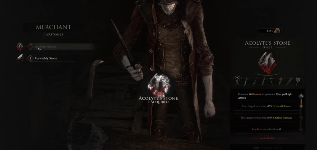 Mortal Shell 2 in-game screenshot showcasing the Acolyte's Stone melee ability Tarstone.