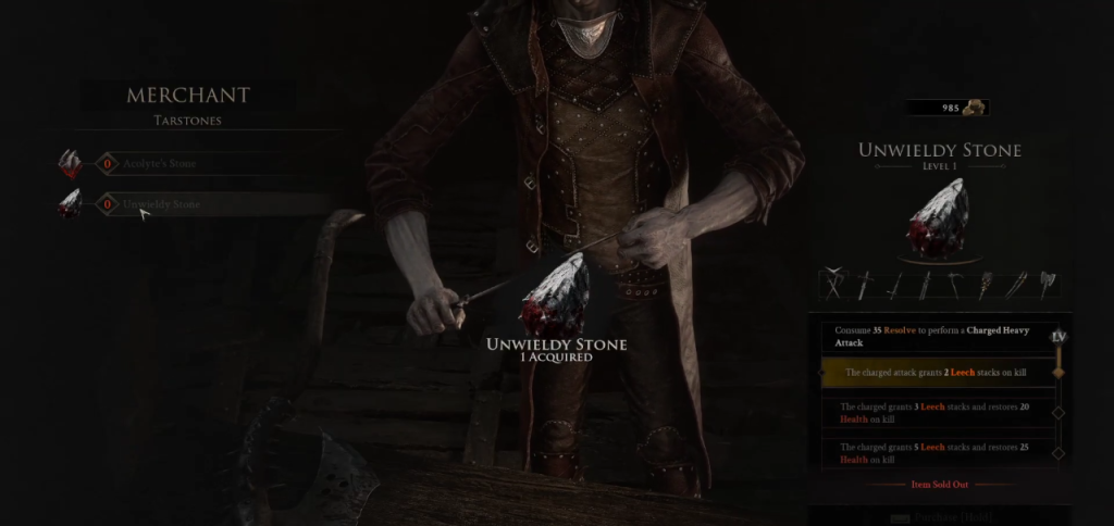 Mortal Shell 2 in-game screenshot showcasing the Unwieldy Stone melee ability Tarstone.