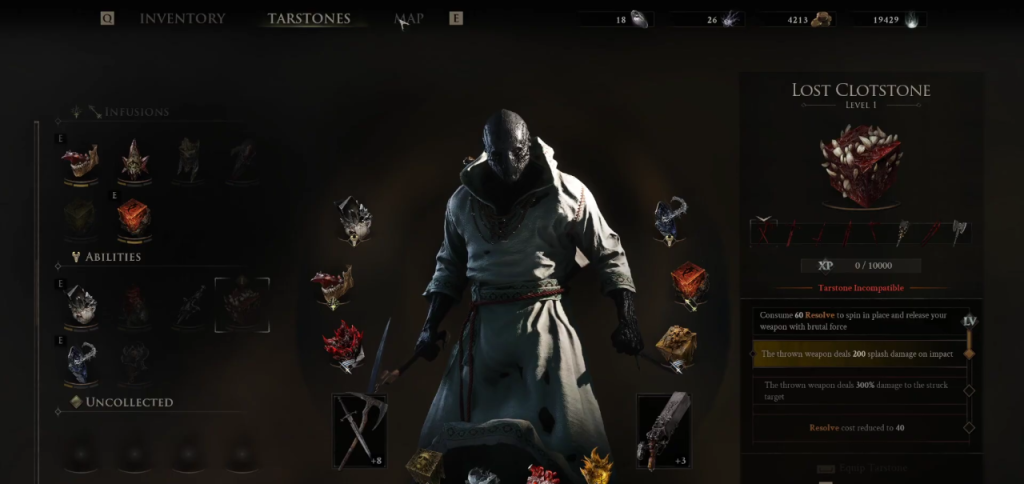 Mortal Shell 2 in-game screenshot showcasing the Lost Clotstone melee ability Tarstone.