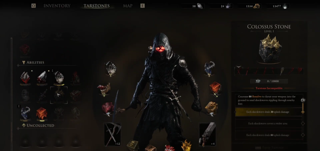 Mortal Shell 2 in-game screenshot showcasing the Colossus Stone melee ability Tarstone.