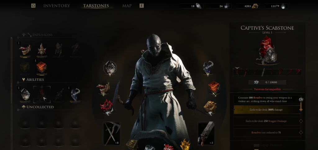 Mortal Shell 2 in-game screenshot showcasing the Captive's Scabstone melee ability Tarstone.