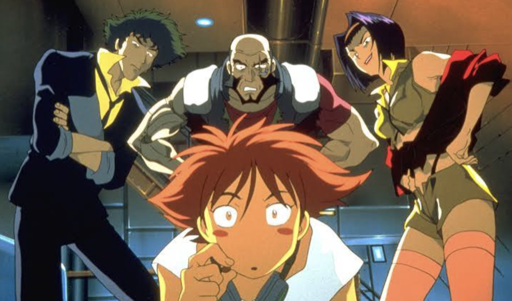 This image shows the main crew—Spike Spiegel, Jet Black, Faye Valentine, and Edward—from the acclaimed 1998 anime series Cowboy Bebop (directed by Shinichirō Watanabe). 