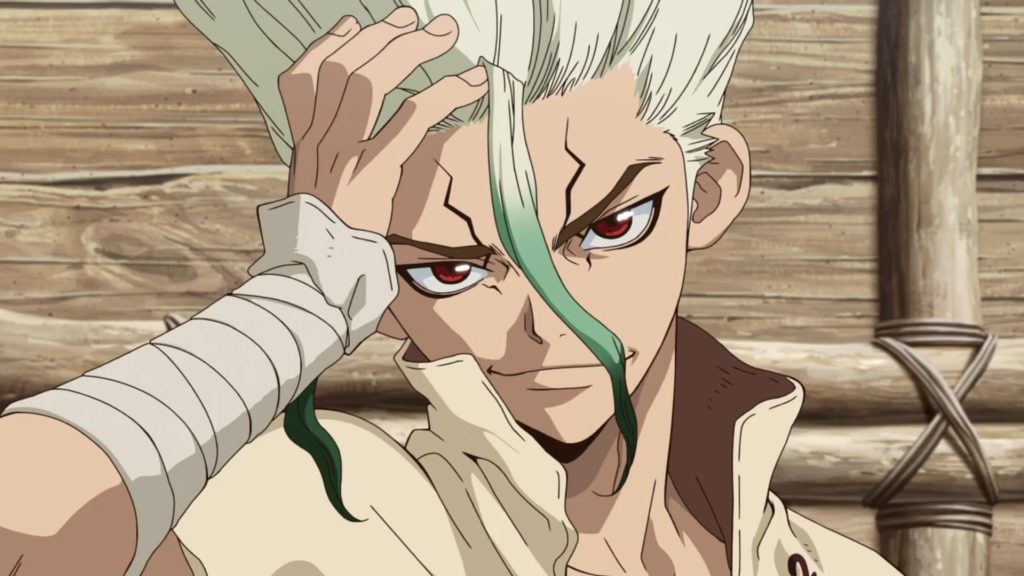 Close-up anime portrait of a white-haired young man with a green streak of hair falling across his forehead, one bandaged hand pushing his hair back as he smirks with sharp red eyes and a confident, sly expression.