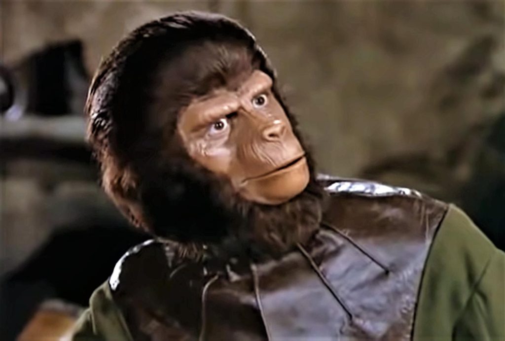 Close-up of a chimpanzee character in prosthetic ape makeup, wearing a leather and metal-shouldered vest over a green tunic, glancing sideways with a wary, questioning expression.