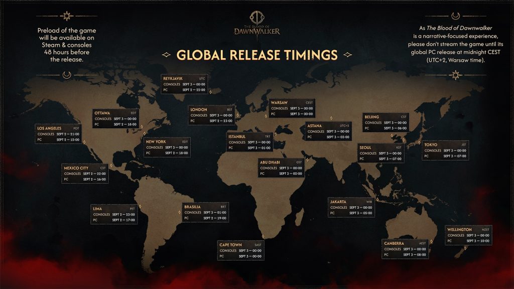 An infographic featuring a world map detailing the official global release timings for The Blood of Dawnwalker.