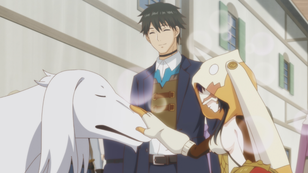  Labyrinth Country's Novice Seeker. Arihito Atobe and a hooded companion petting Shion, the guard dog known as the "Silver Hound".