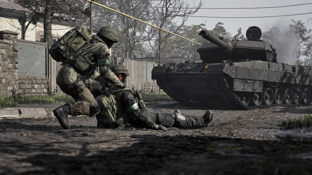 Wardogs gameplay screenshot showing a soldier dragging an injured teammate out of the line of fire before a tank.