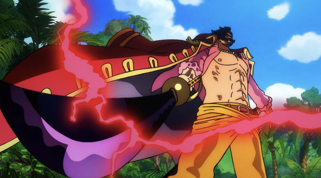 This image appears to show Gol D. Roger from the anime One Piece as he prepares to clash with Edward Newgate (Whitebeard) using advanced Conqueror's Haki.