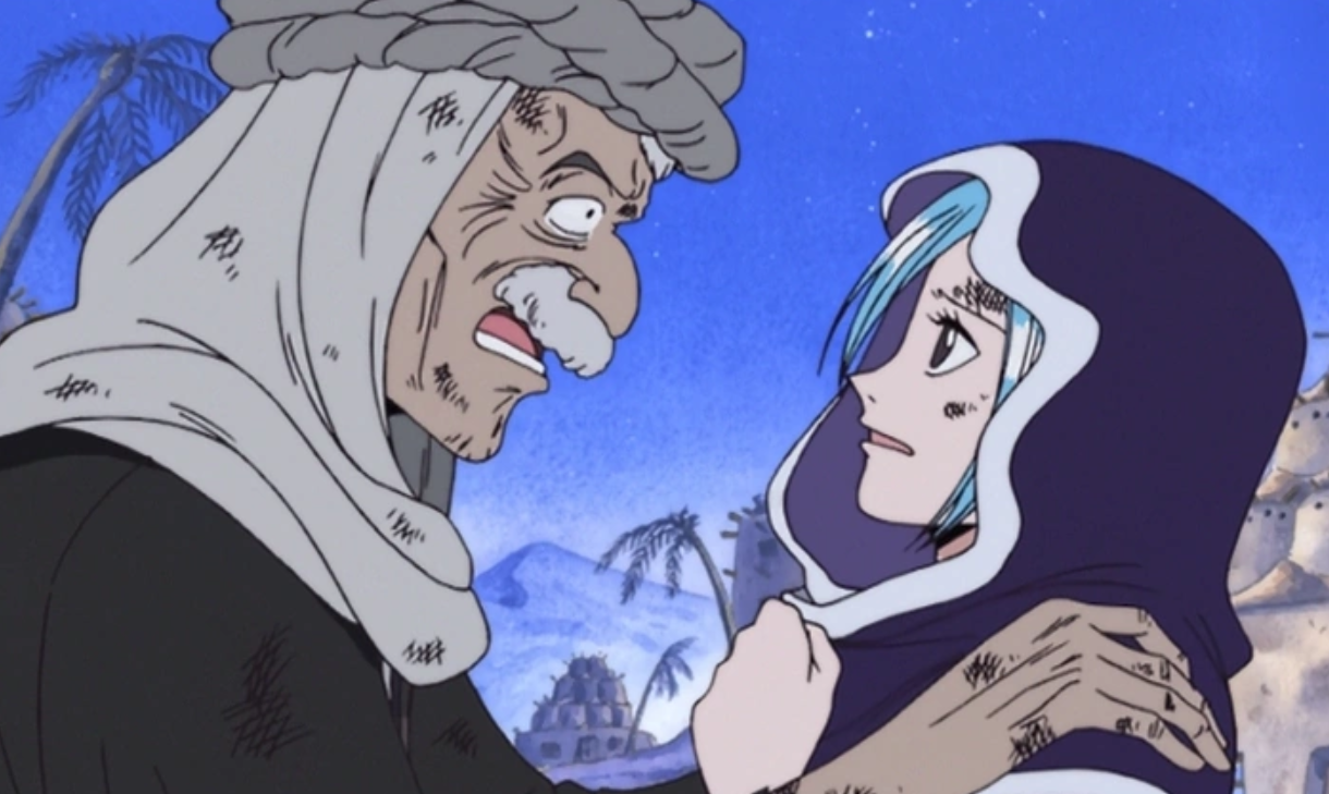 Nefertari Vivi reuniting with the old man Toto in the desert town of Yuba from the anime One Piece.
