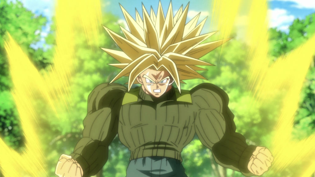 The image shows Future Trunks from Dragon Ball Super using his bulky Super Saiyan Third Grade transformation. 