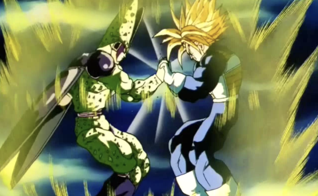 Hình ảnh cho thấy Future Trunks từ Dragon Ball Z đang biến hình thành Siêu Saiyan cấp 3 (còn được gọi là Siêu Siêu Saiyan hoặc Siêu Trunks).